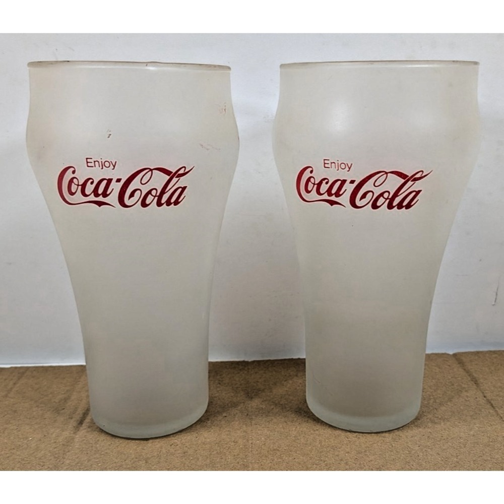 Vintage Coca-Cola Frosted Glass Tumblers Set of 2 Enjoy Coke Red Script 6 Inch